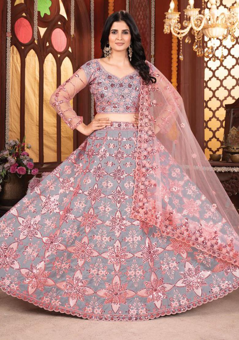 Gray Embroidered Silk Lehenga Set With Dupatta