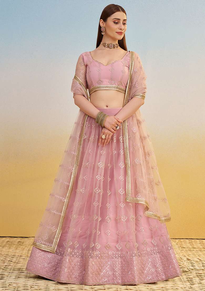 Pink With Dupatta Net Lehenga Set with Embroidered for Diwali | Wedding & Festive Wear - Indya