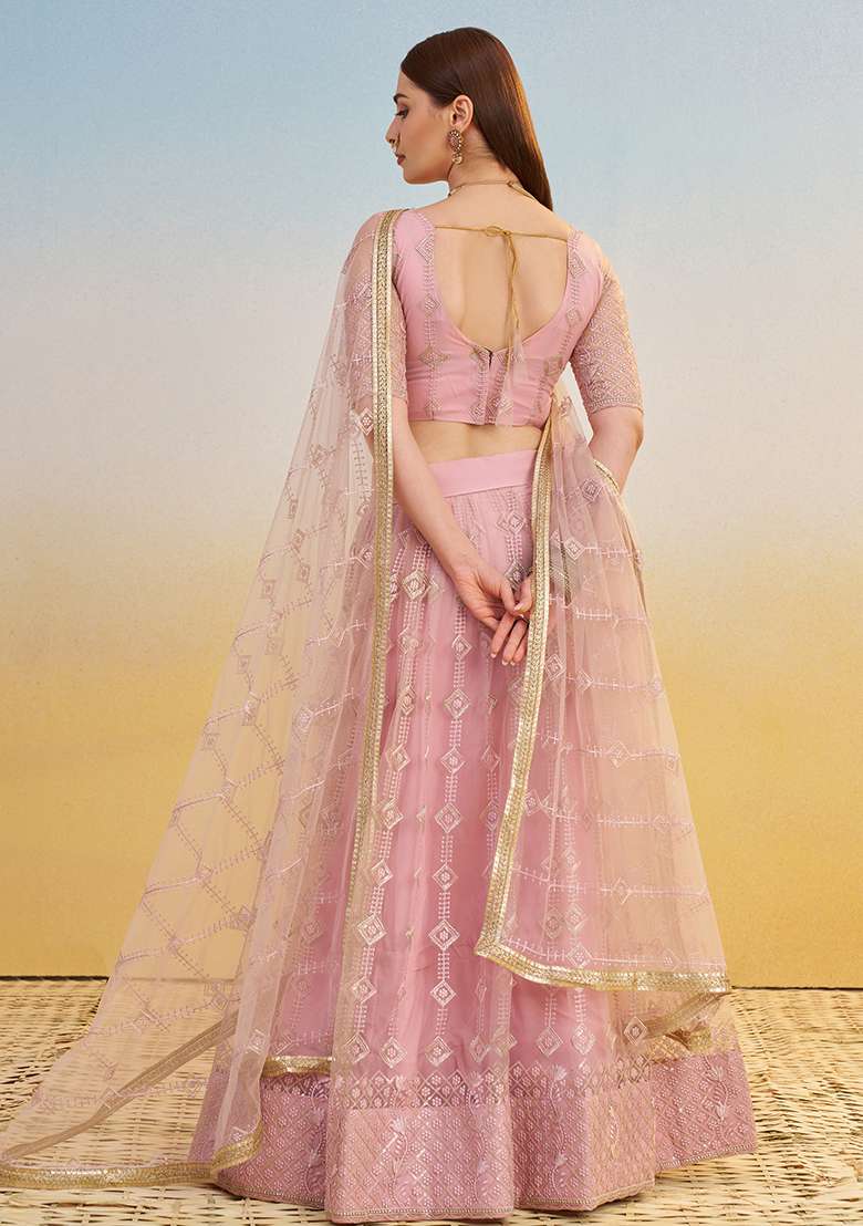 Pink With Dupatta Net Lehenga Set with Embroidered for Diwali | Wedding & Festive Wear - Indya