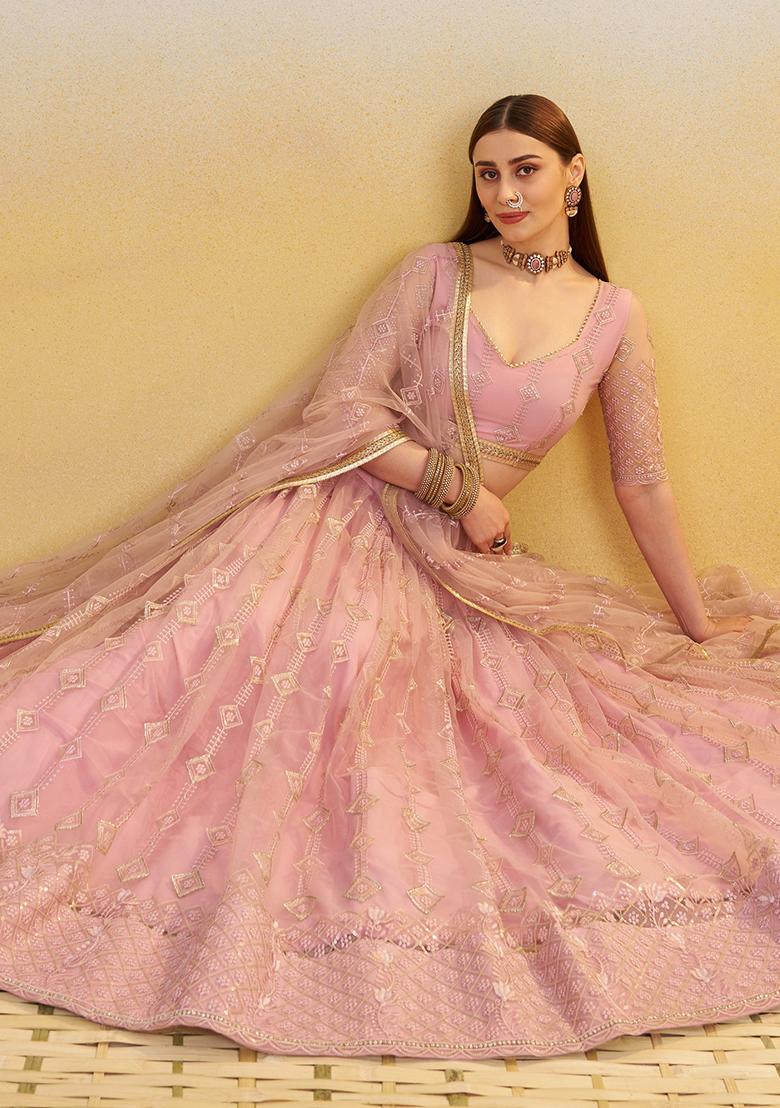 Pink Embroidered Net Lehenga Set With Dupatta