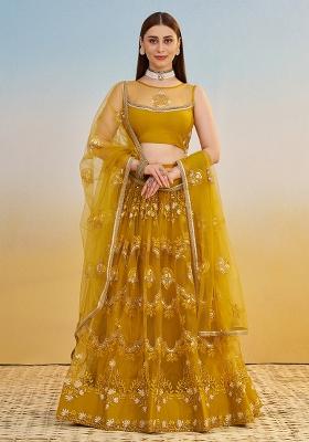 Mustardyellow Embroidered Net Lehenga Set With Dupatta