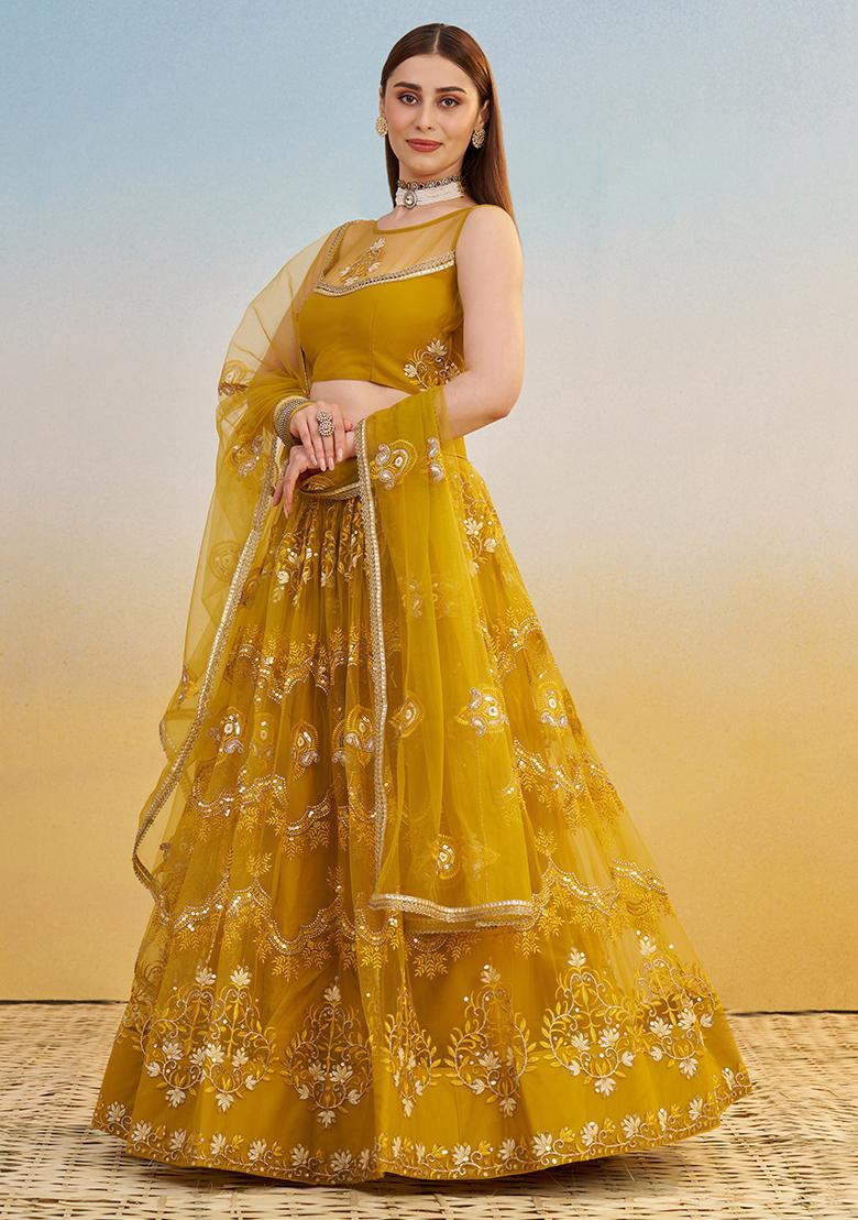 Mustardyellow Embroidered Net Lehenga Set With Dupatta