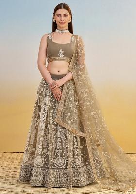 Ivory Embroidered Net Lehenga Set With Dupatta