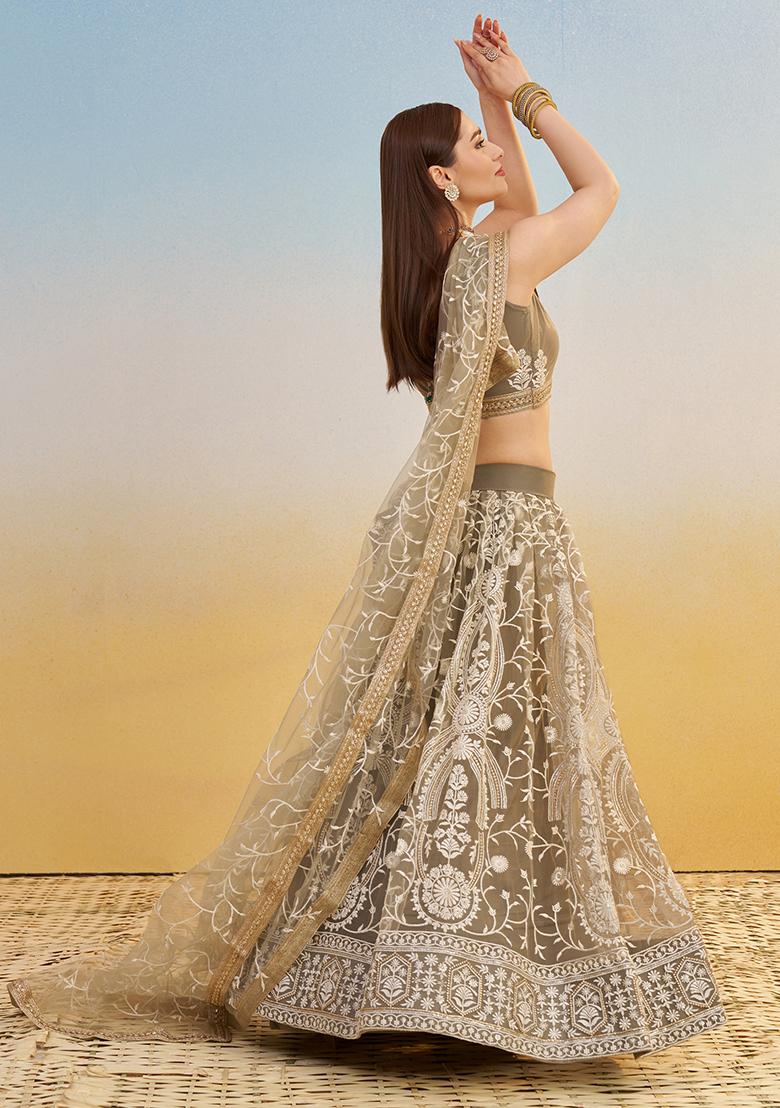 Ivory Embroidered Net Lehenga Set With Dupatta