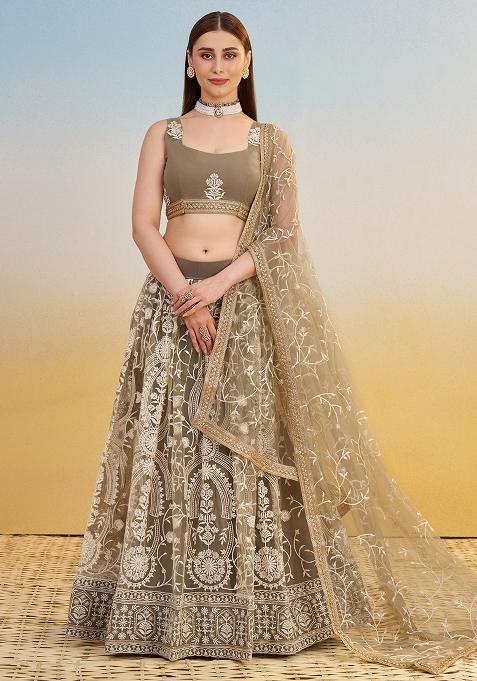 Ivory Embroidered Net Lehenga Set With Dupatta