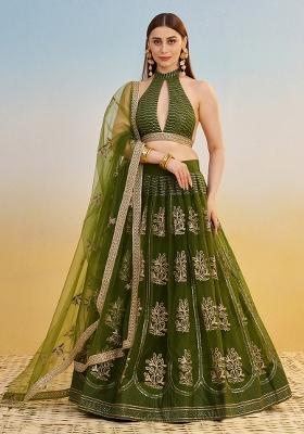 Green Embroidered Net Lehenga Set With Dupatta