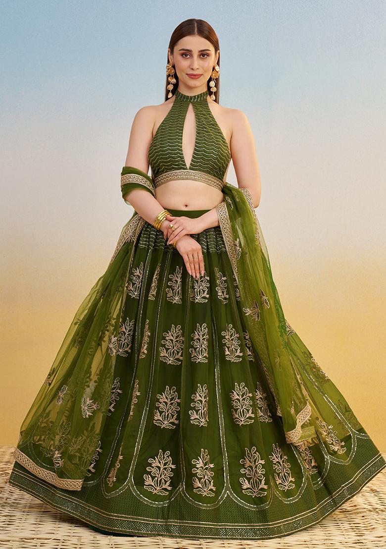 Green Embroidered Net Lehenga Set With Dupatta