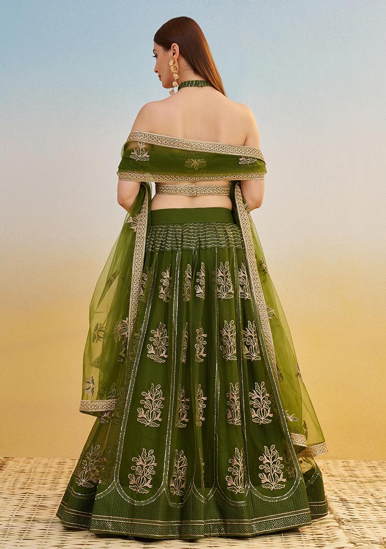 Green Embroidered Net Lehenga Set With Dupatta