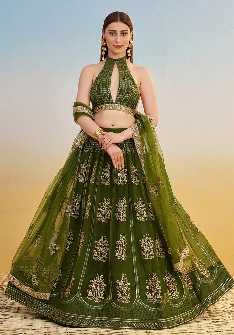 Green Embroidered Net Lehenga Set With Dupatta