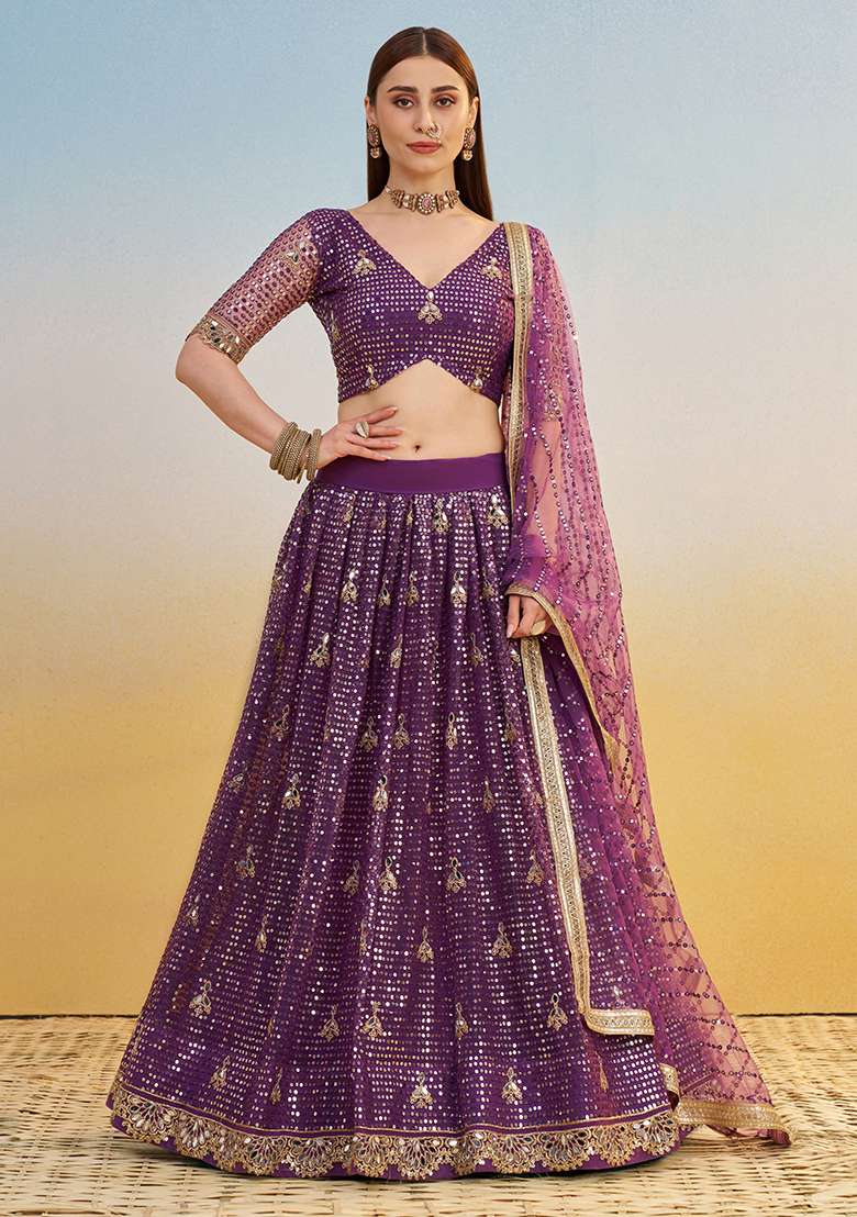 Darkpurple Embroidered Net Lehenga Set With Dupatta for Diwali and Festive Wear - Indya
