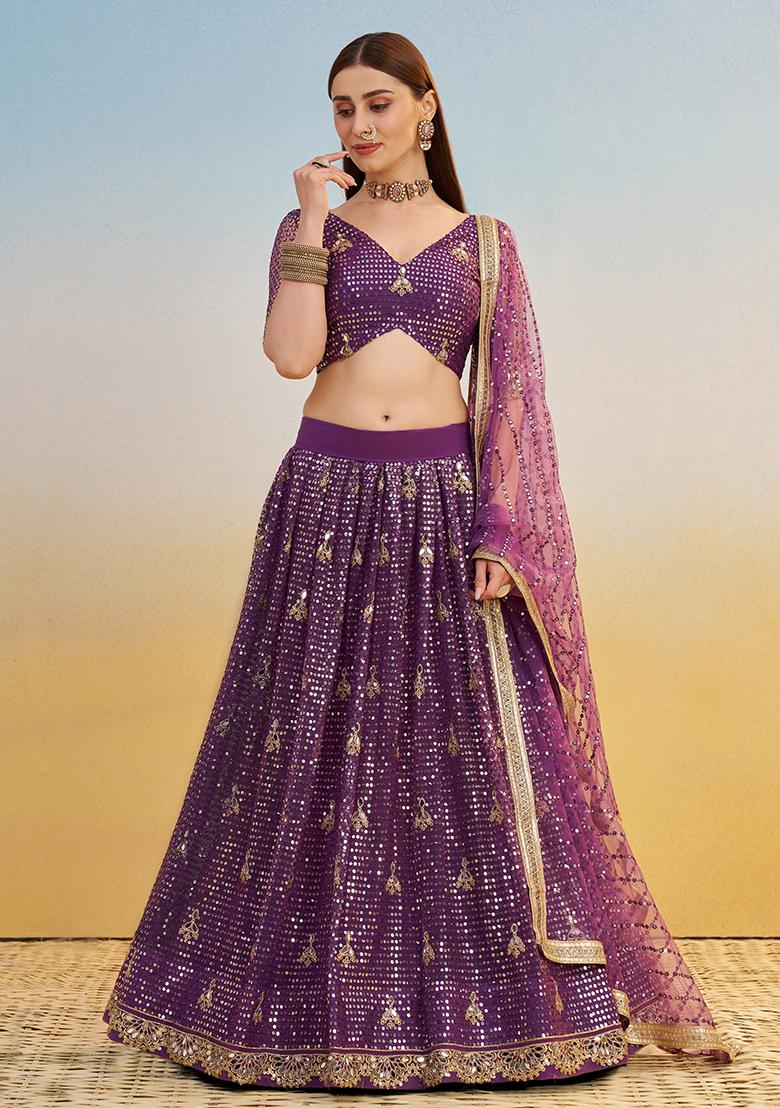 Darkpurple Embroidered Net Lehenga Set With Dupatta