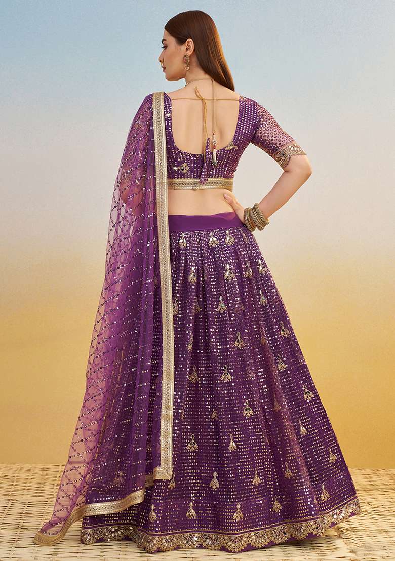 Darkpurple Embroidered Net Lehenga Set With Dupatta for Diwali and Festive Wear - Indya