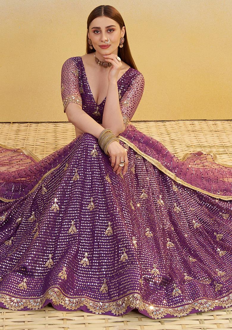 Darkpurple Embroidered Net Lehenga Set With Dupatta