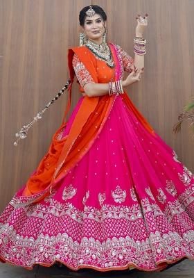 Pink Embroidererd Foux Gorgette Lehenga Set With Dupatta