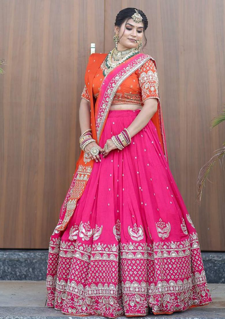 Pink Embroidererd Foux Gorgette Lehenga Set With Dupatta