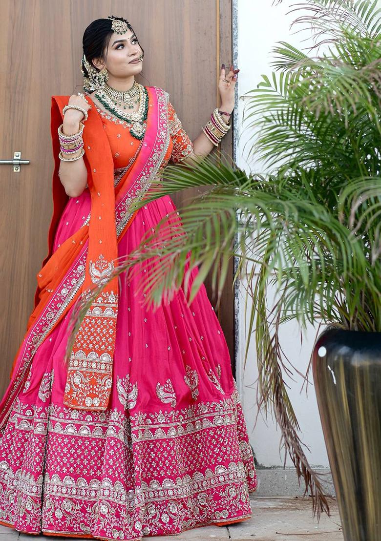 Pink Embroidererd Foux Gorgette Lehenga Set With Dupatta