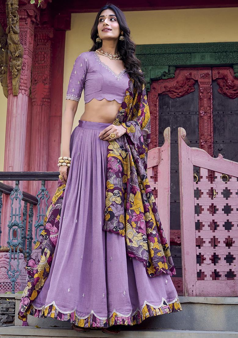 Lavender Embroidererd Vichitra Silk Lehenga Set With Dupatta