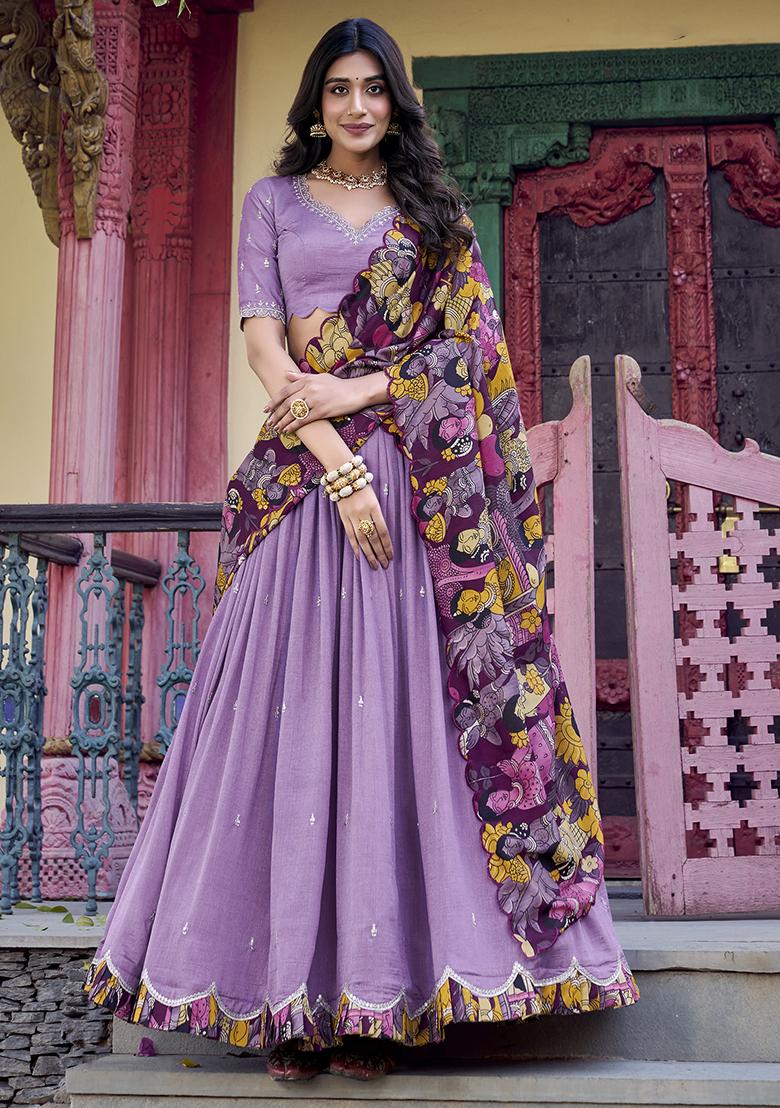 Lavender Embroidererd Vichitra Silk Lehenga Set With Dupatta