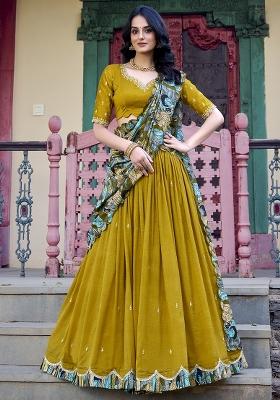 Mustard Yellow Embroidererd Vichitra Silk Lehenga Set With Dupatta