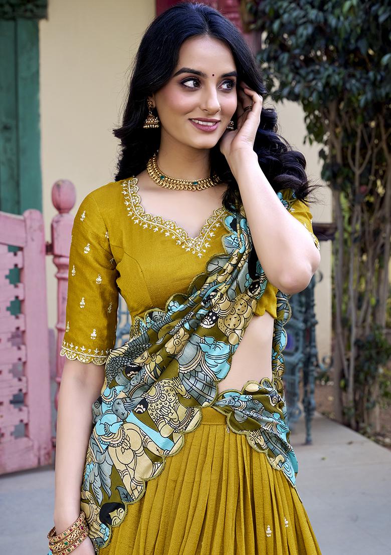 Mustard Yellow Embroidererd Vichitra Silk Lehenga Set With Dupatta