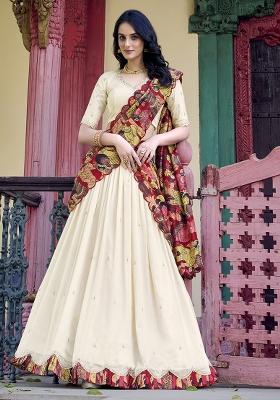 White Embroidererd Vichitra Silk Lehenga Set With Dupatta