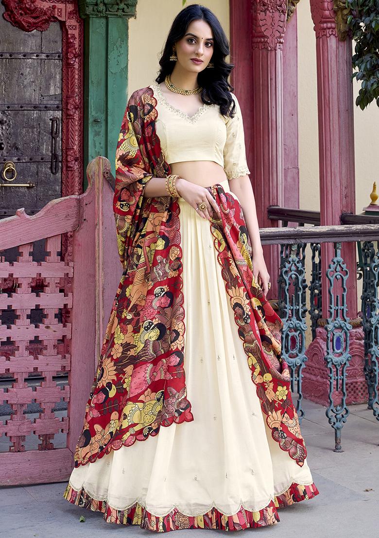White Embroidererd Vichitra Silk Lehenga Set With Dupatta