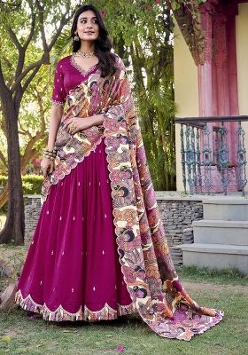 Pink Embroidererd Vichitra Silk Lehenga Set With Dupatta