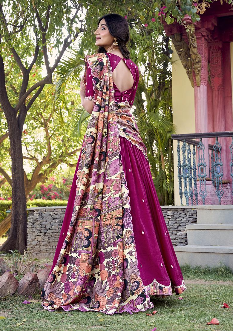 Pink Embroidererd Vichitra Silk Lehenga Set With Dupatta