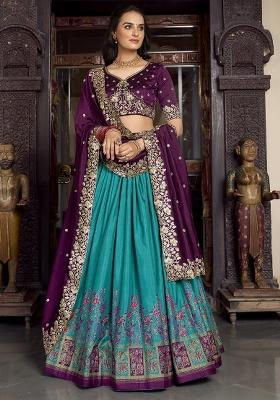 Firozi Blue Embroidererd Tussar Silk Lehenga Set With Dupatta