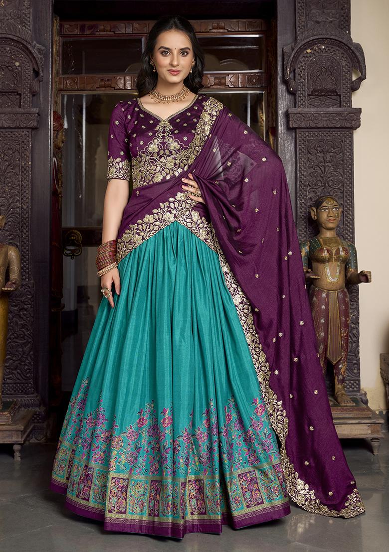 Firozi Blue Embroidererd Tussar Silk Lehenga Set With Dupatta