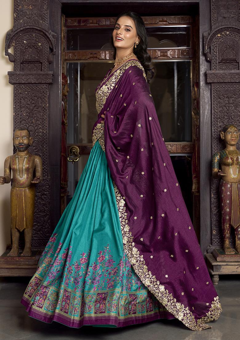 Firozi Blue Embroidererd Tussar Silk Lehenga Set With Dupatta