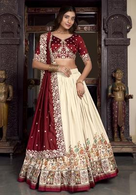 White Embroidererd Tussar Silk Lehenga Set With Dupatta