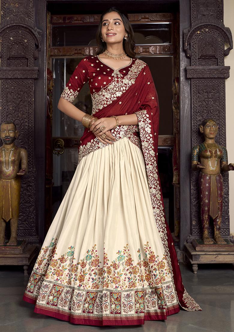 White Embroidererd Tussar Silk Lehenga Set With Dupatta