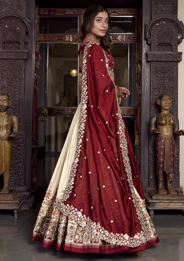 White Embroidererd Tussar Silk Lehenga Set With Dupatta