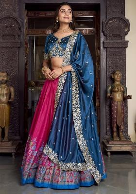 Pink Embroidererd Tussar Silk Lehenga Set With Dupatta