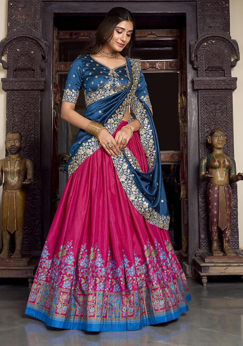 Pink Embroidererd Tussar Silk Lehenga Set With Dupatta