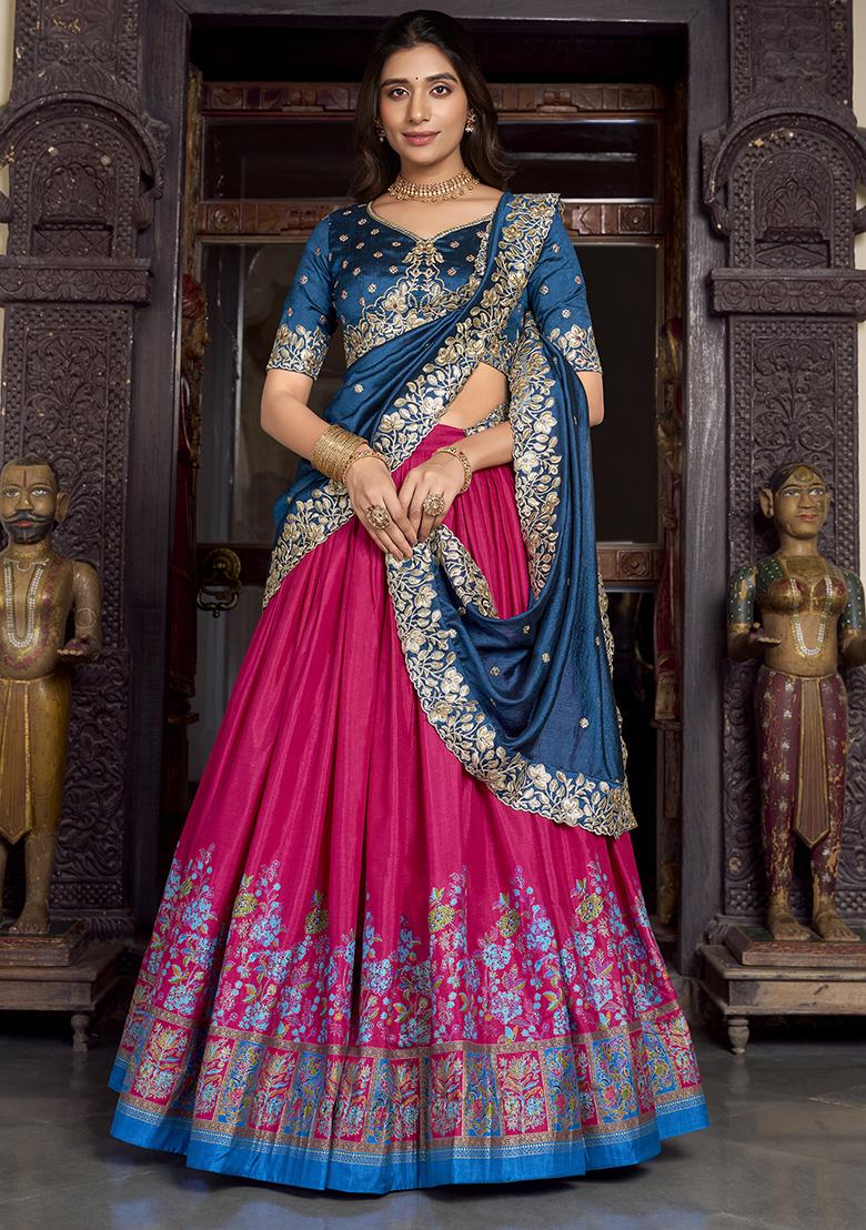 Pink Embroidererd Tussar Silk Lehenga Set With Dupatta