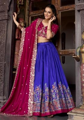 Blue Embroidererd Tussar Silk Lehenga Set With Dupatta