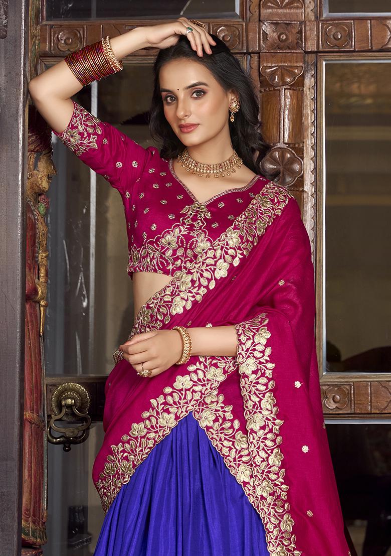 Blue Embroidererd Tussar Silk Lehenga Set With Dupatta