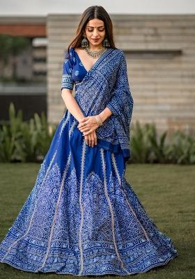 Blue Printed Vaishali Silk Lehenga Set With Dupatta