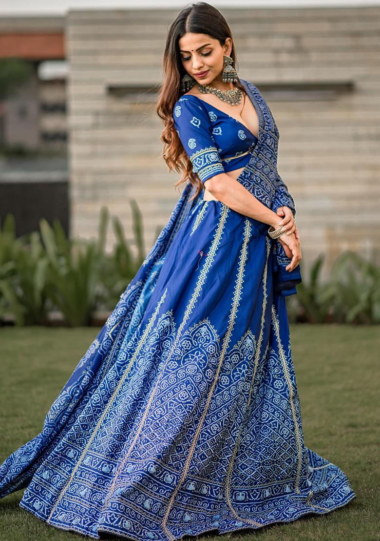 Blue Printed Vaishali Silk Lehenga Set With Dupatta