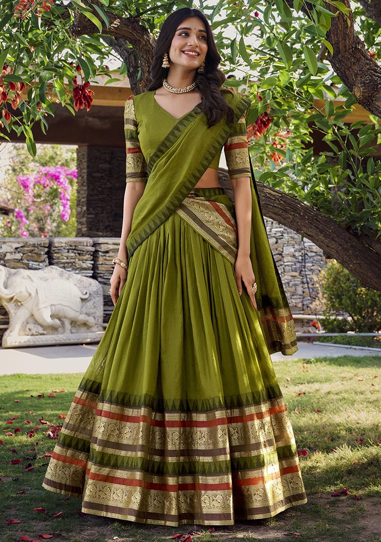 Mehendi Green Solid Pure Chanderi Lehenga Set With Dupatta