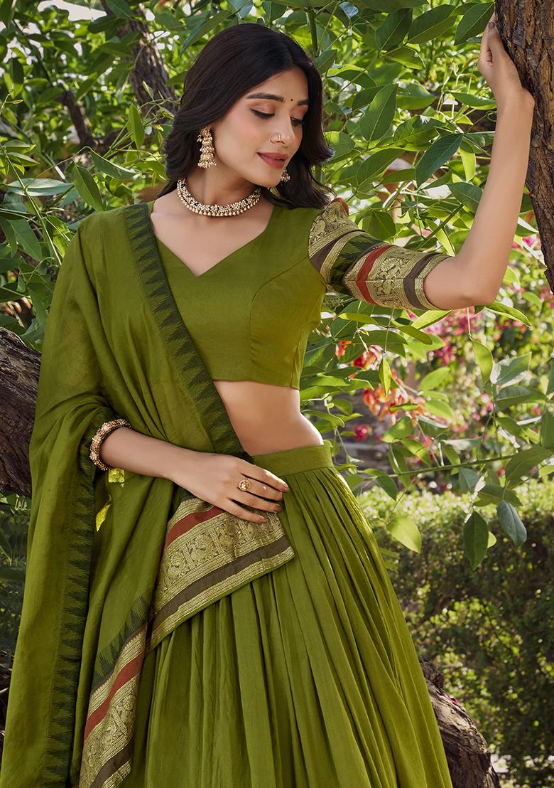 Mehendi Green Solid Pure Chanderi Lehenga Set With Dupatta