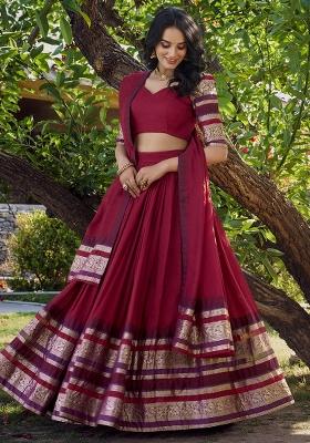 Red Solid Pure Chanderi Lehenga Set With Dupatta