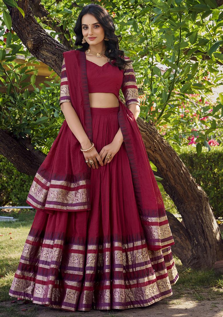 Red Solid Pure Chanderi Lehenga Set With Dupatta