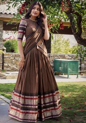 Brown Solid Pure Chanderi Lehenga Set With Dupatta