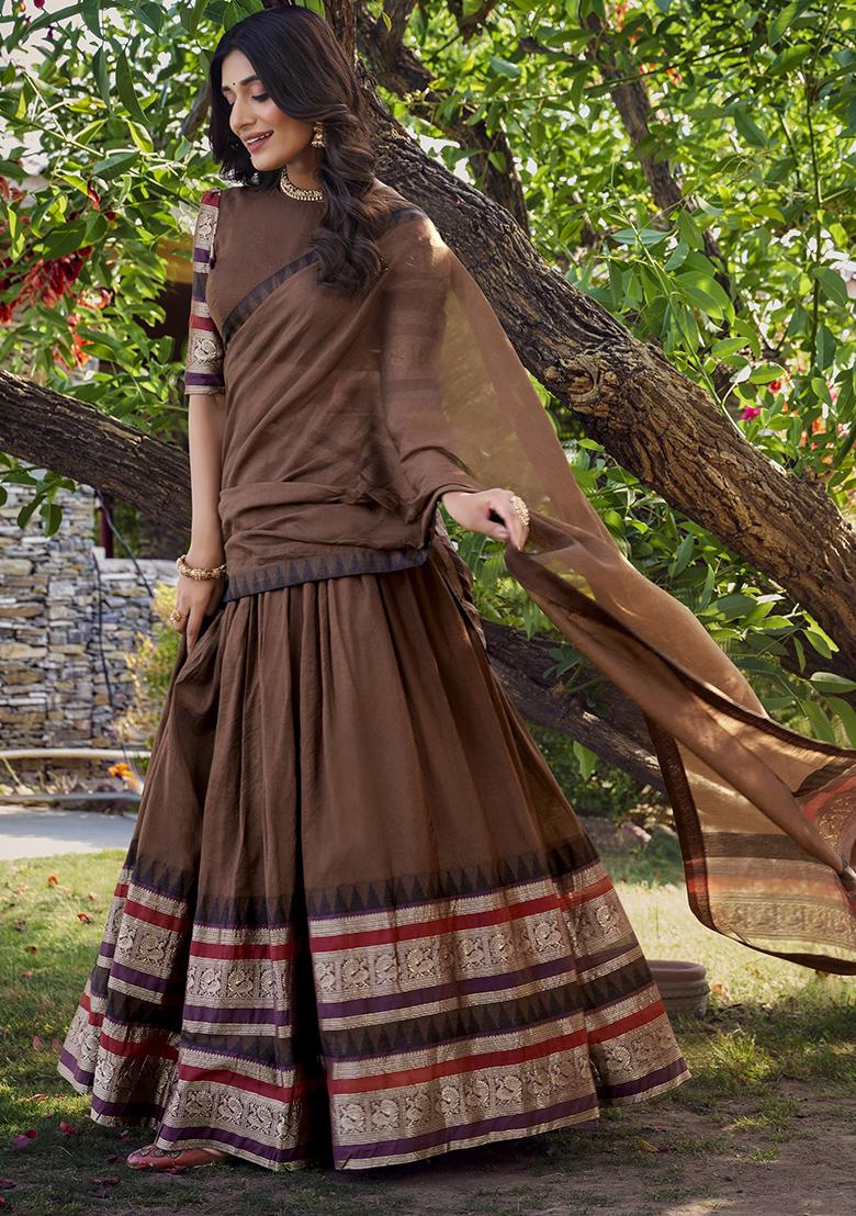 Brown Solid Pure Chanderi Lehenga Set With Dupatta