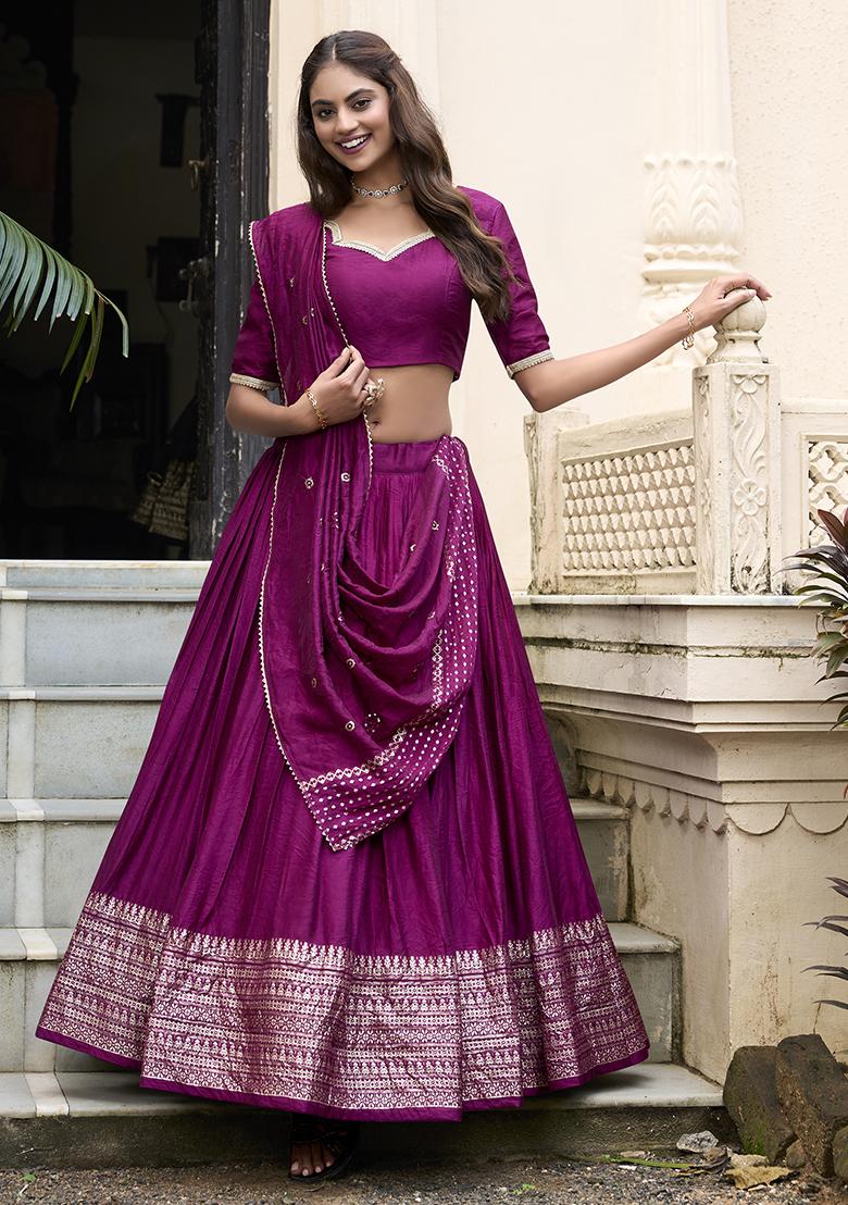 Wine Solid Pure Chanderi Lehenga Set With Dupatta