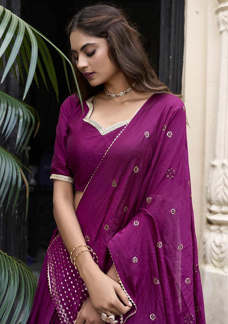 Wine Solid Pure Chanderi Lehenga Set With Dupatta