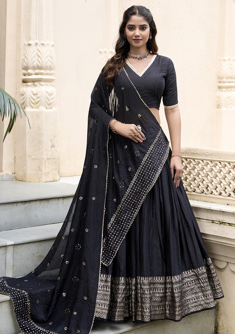Black Solid Pure Chanderi Lehenga Set With Dupatta